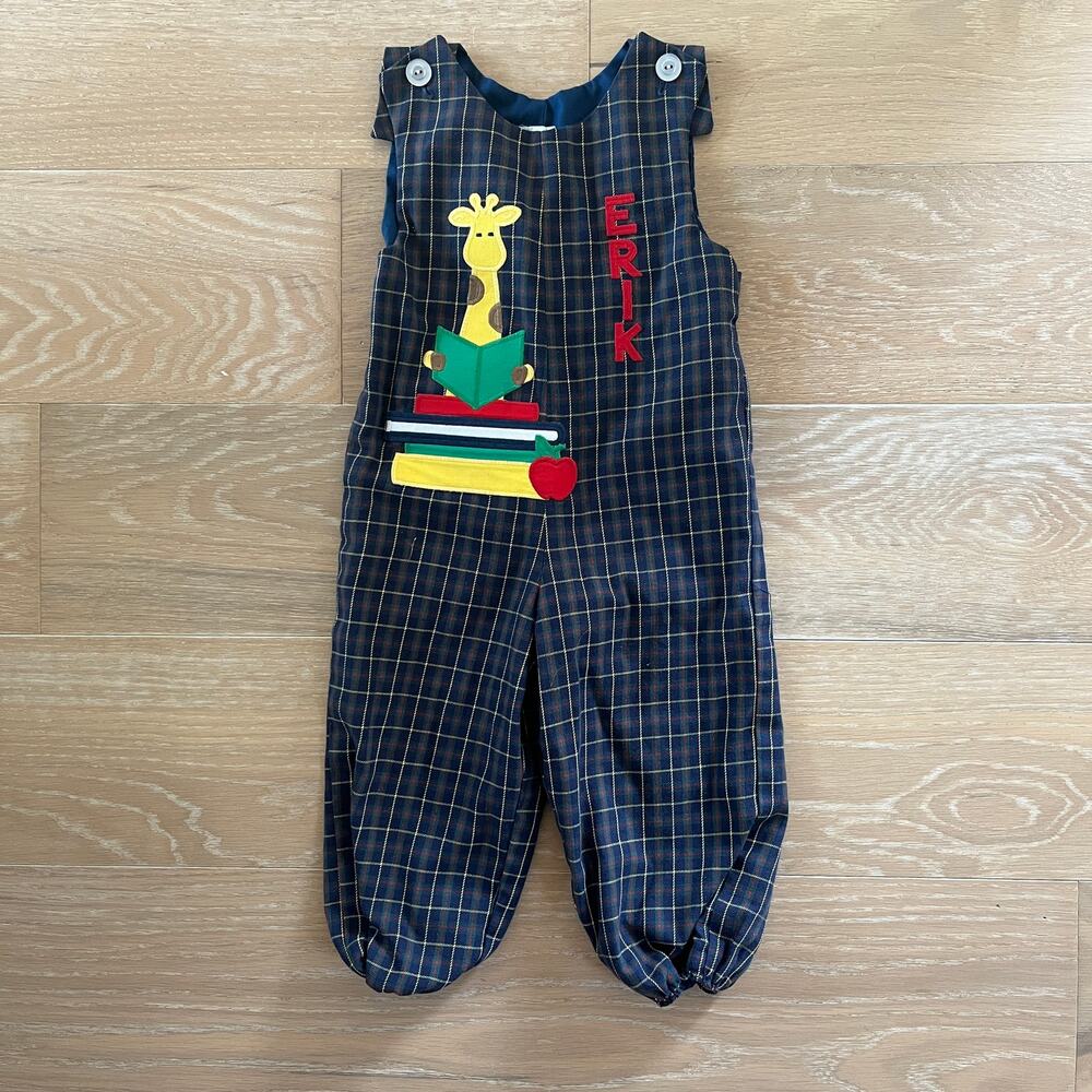 Vintage Kelly's Kids Navy Plaid School Jumper Giraffe ERIK sz 3